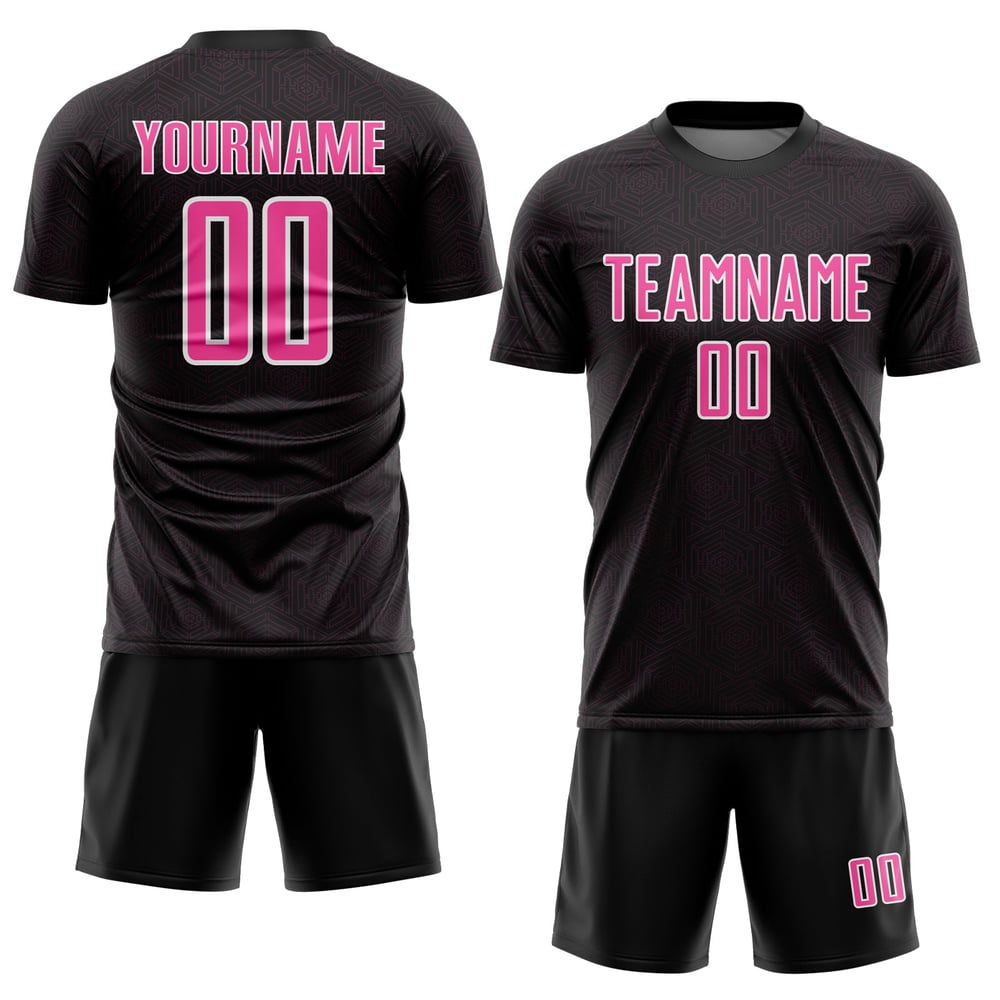 Maglia sportiva rosa-bianca stampata a sublimazione, uniforme nera, forma geometrica, calcio personalizzato