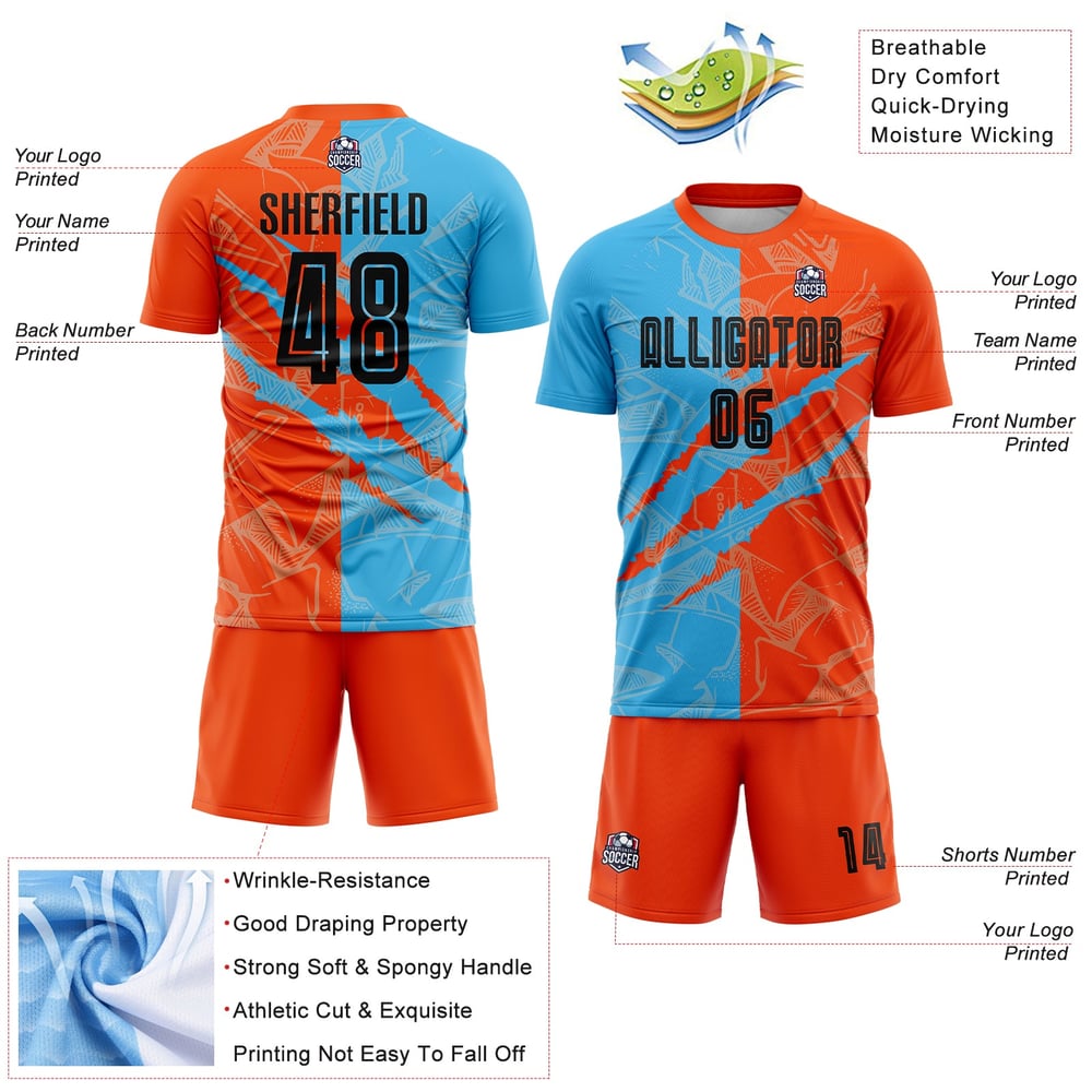 Graffiti Scratch Sublimation Uniform Jersey Black Blue-Orange Custom Soccer Sky Pattern