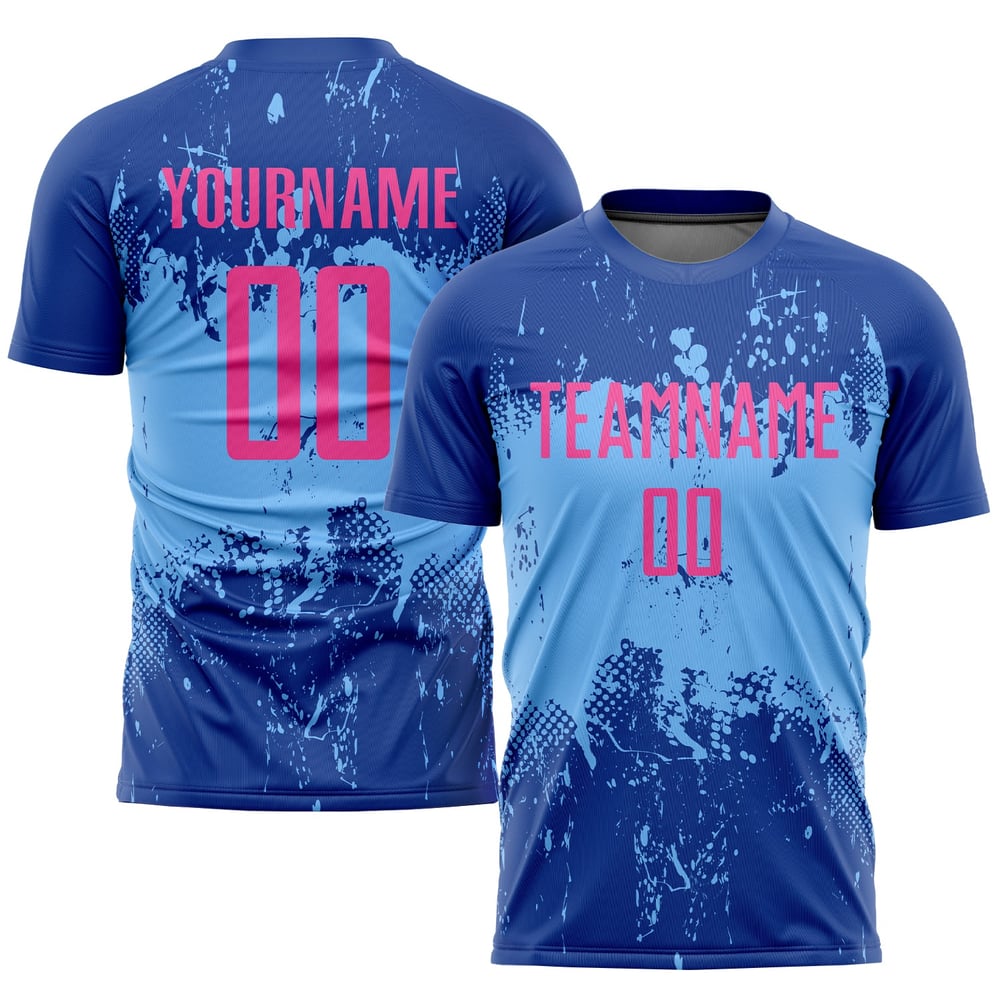 Camiseta de fútbol personalizada de sublimación, uniforme rosa y azul rey claro