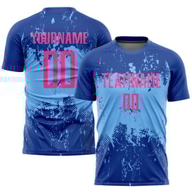 Camiseta de fútbol personalizada de sublimación, uniforme rosa y azul rey claro