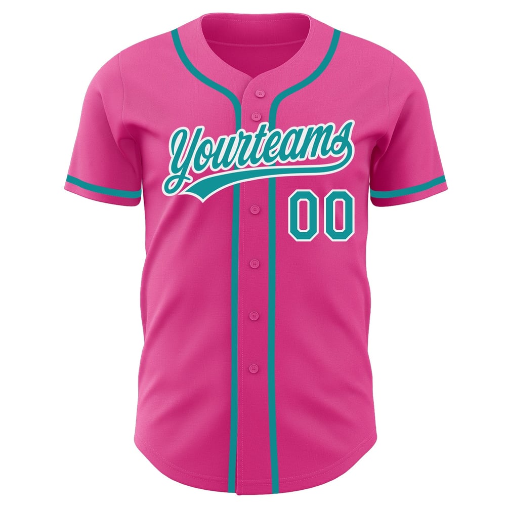 Camiseta de béisbol auténtica personalizada en verde azulado, blanco y rosa