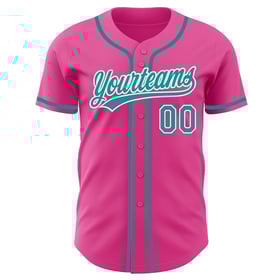 Camiseta de béisbol auténtica personalizada en verde azulado, blanco y rosa