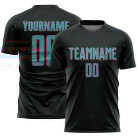 Maglia da calcio personalizzata con stampa geometrica a sublimazione rosa uniforme, nera, acquamarina-neon, sportiva