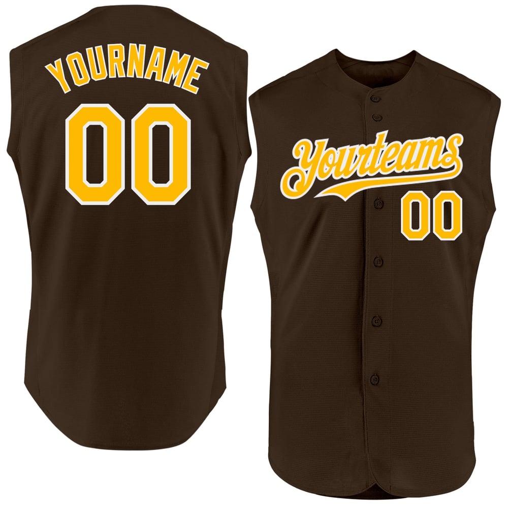 Authentic Baseball Jersey Sleeveless Custom Brown Gold-White