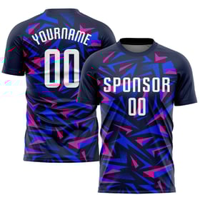 Maillot de football personnalisé à sublimation bleu marine, blanc et rose