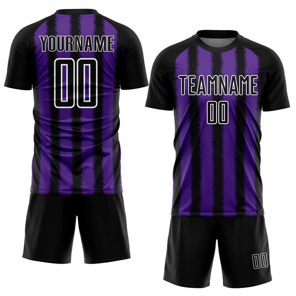 Camiseta de fútbol personalizada con sublimación de líneas negras, moradas y blancas