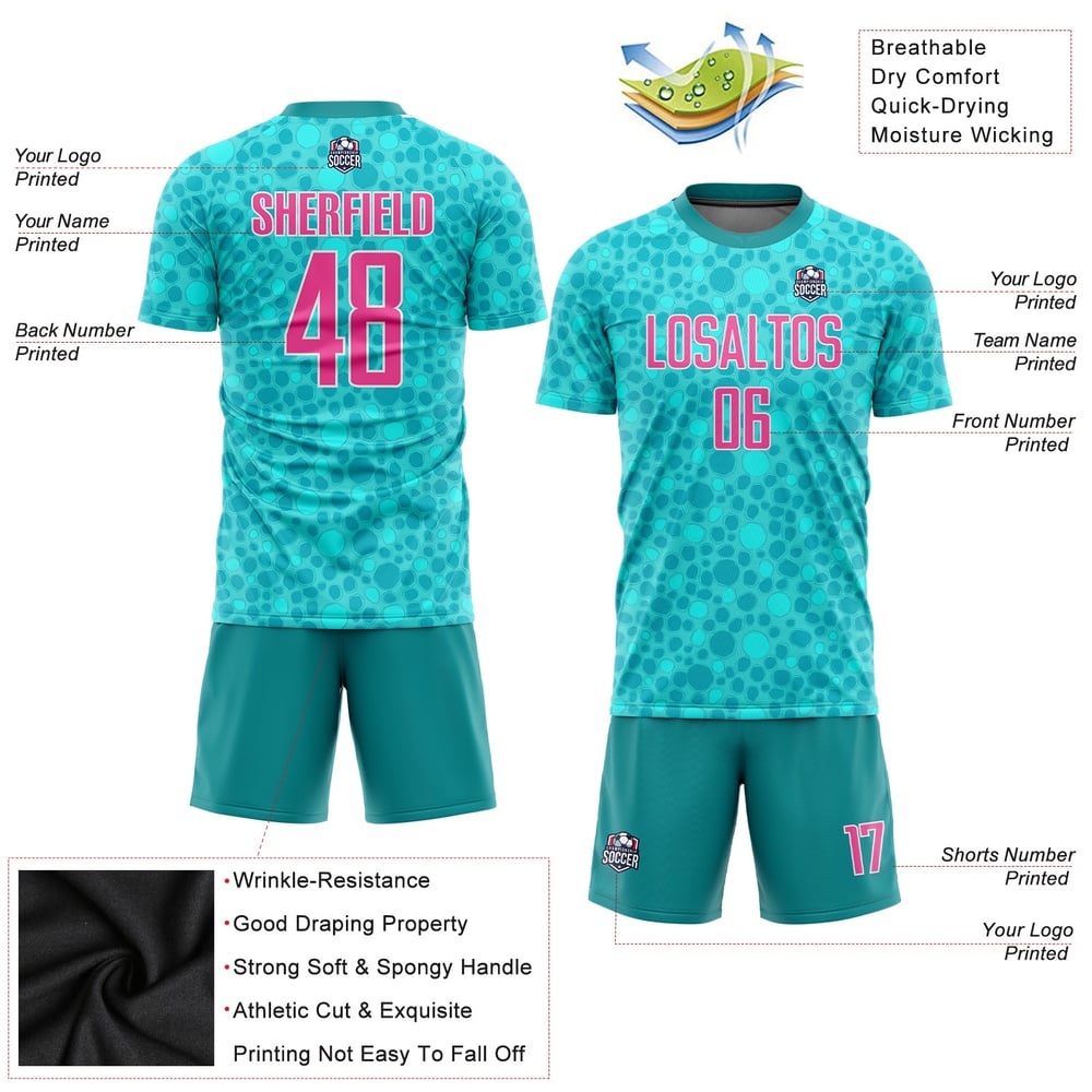 Custom Sublimation Jersey Soccer Aqua Uniform Pink-White