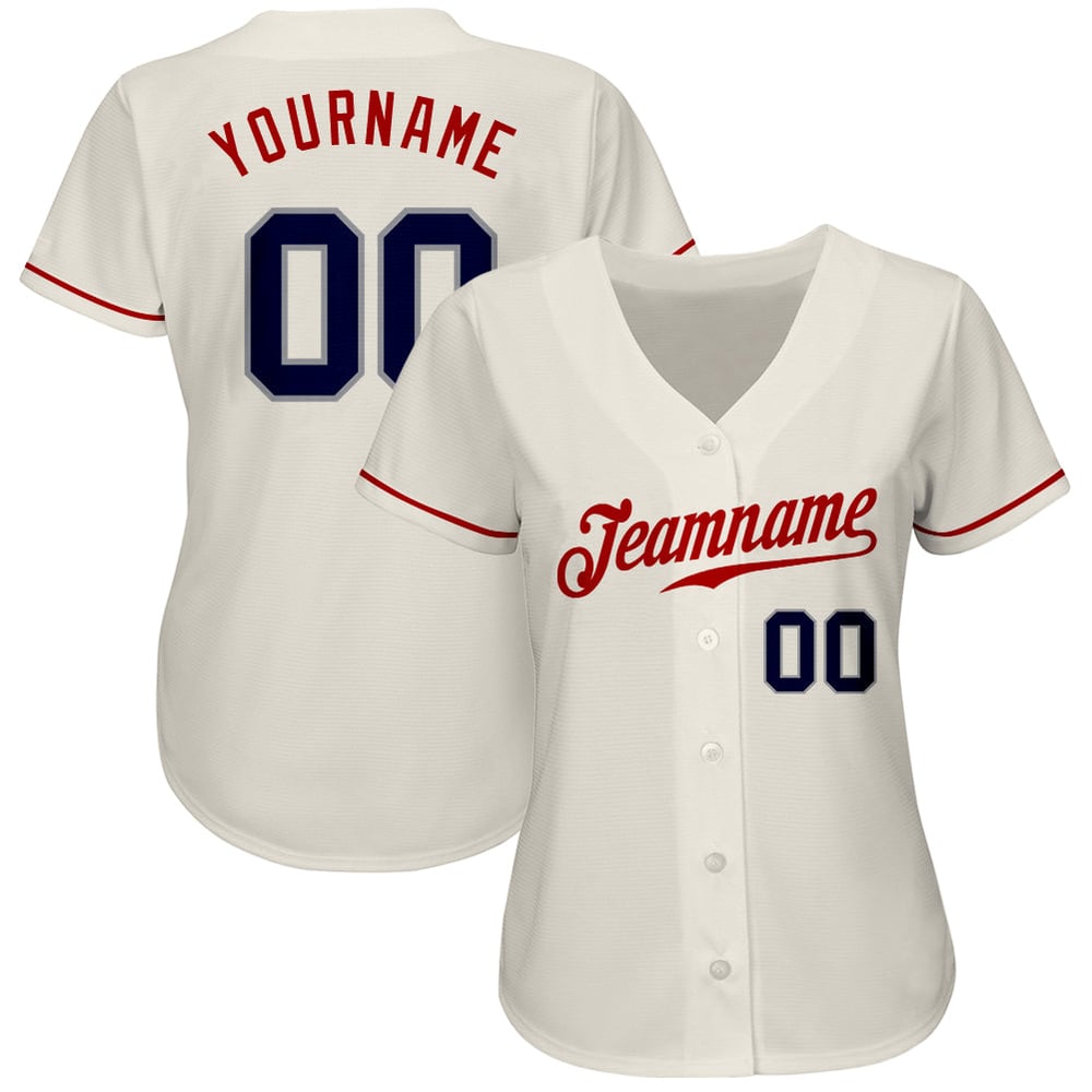 Camiseta de béisbol personalizada color crema, azul marino y rojo, auténtica