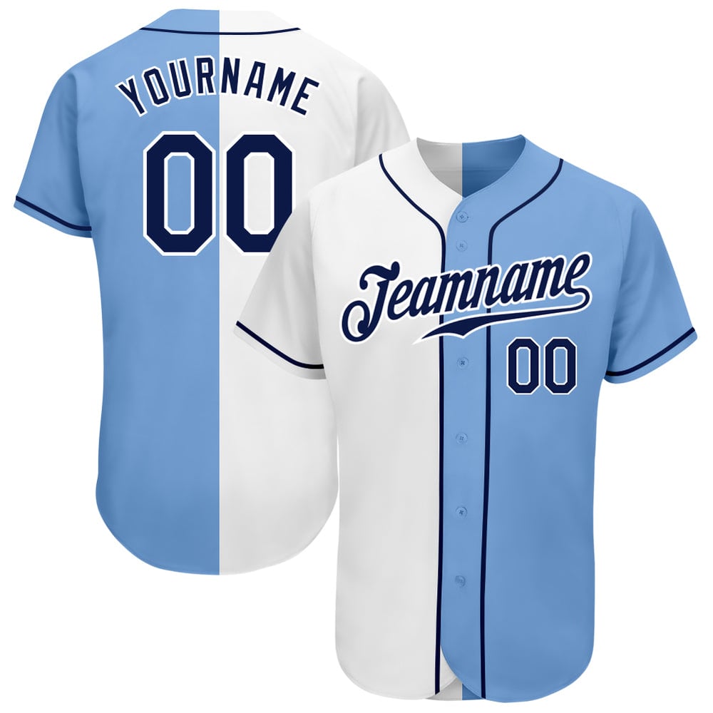 Camiseta de béisbol personalizada azul marino y blanca de moda, auténtica y ligera, con aberturas laterales.