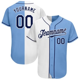 Camiseta de béisbol personalizada azul marino y blanca de moda, auténtica y ligera, con aberturas laterales.