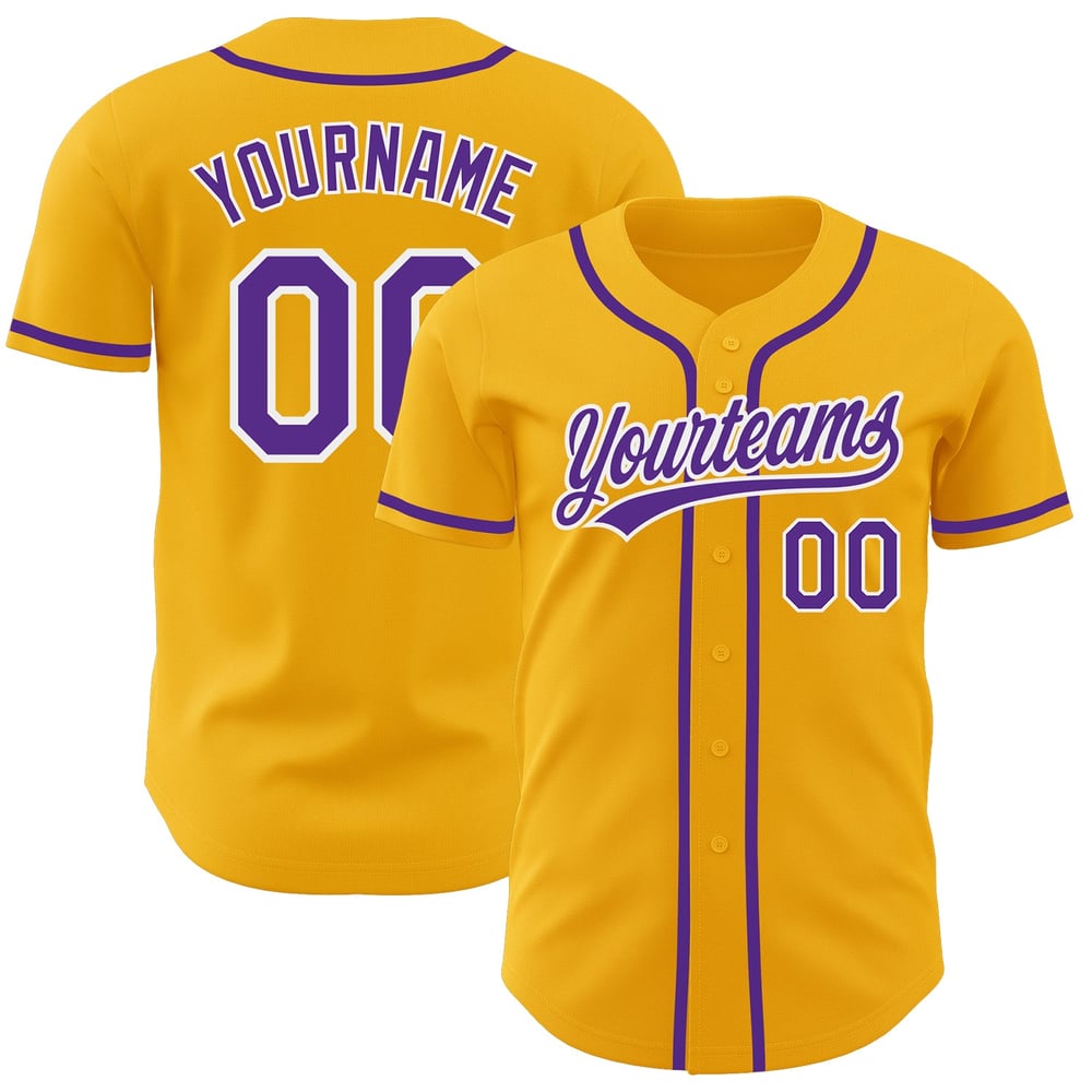 Camiseta de béisbol auténtica personalizada, color dorado, morado y blanco