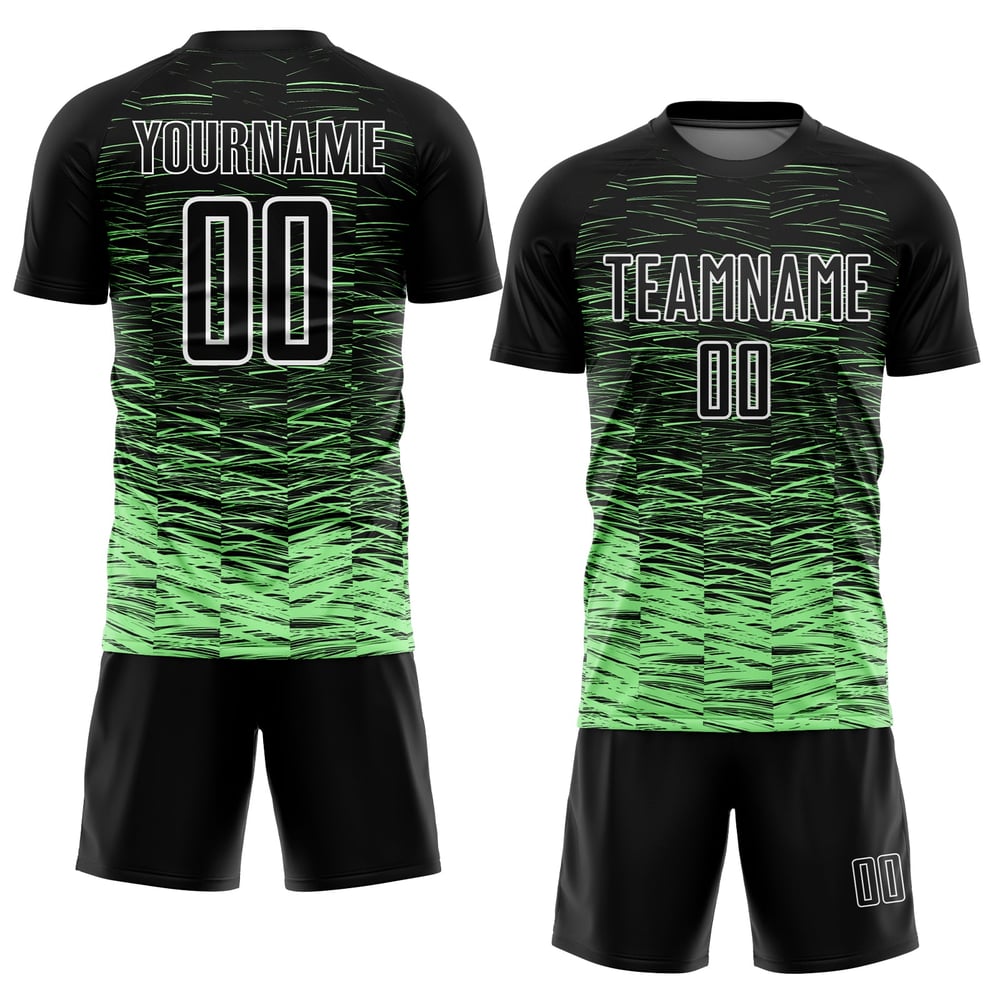 Camiseta de fútbol Pea personalizada negra, verde y blanca, línea de sublimación, uniforme