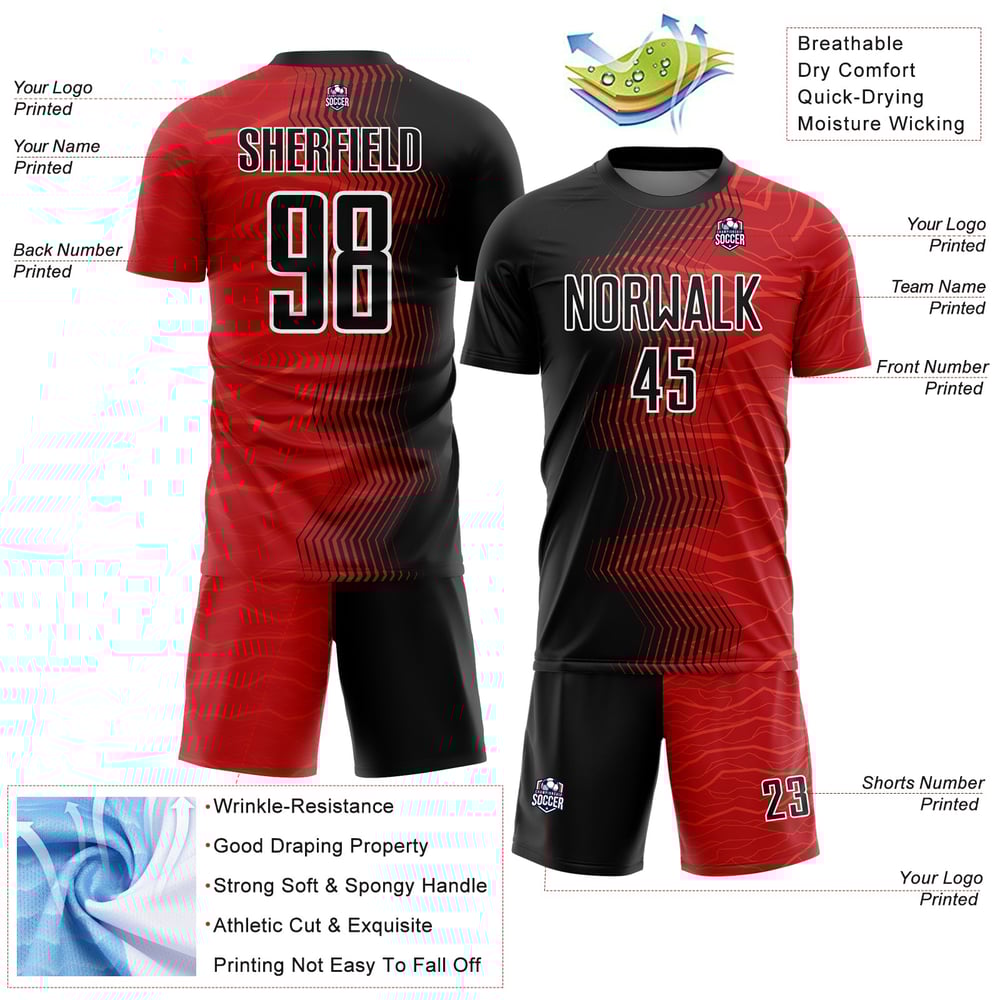 Red Soccer Sublimation Uniform Black-White Jersey Arrow Gradient Custom