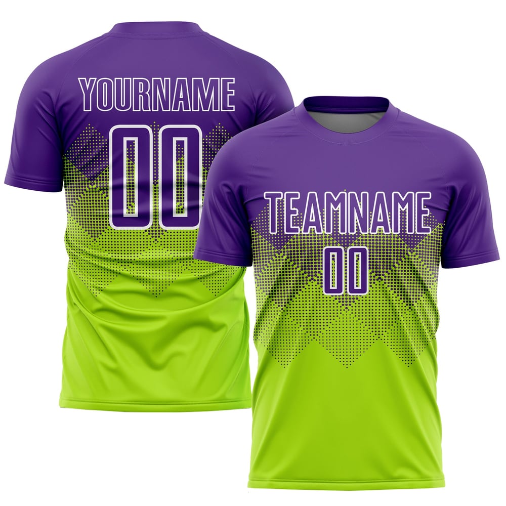 Purple-White Sublimation Custom Jersey Green Neon Soccer Uniform
