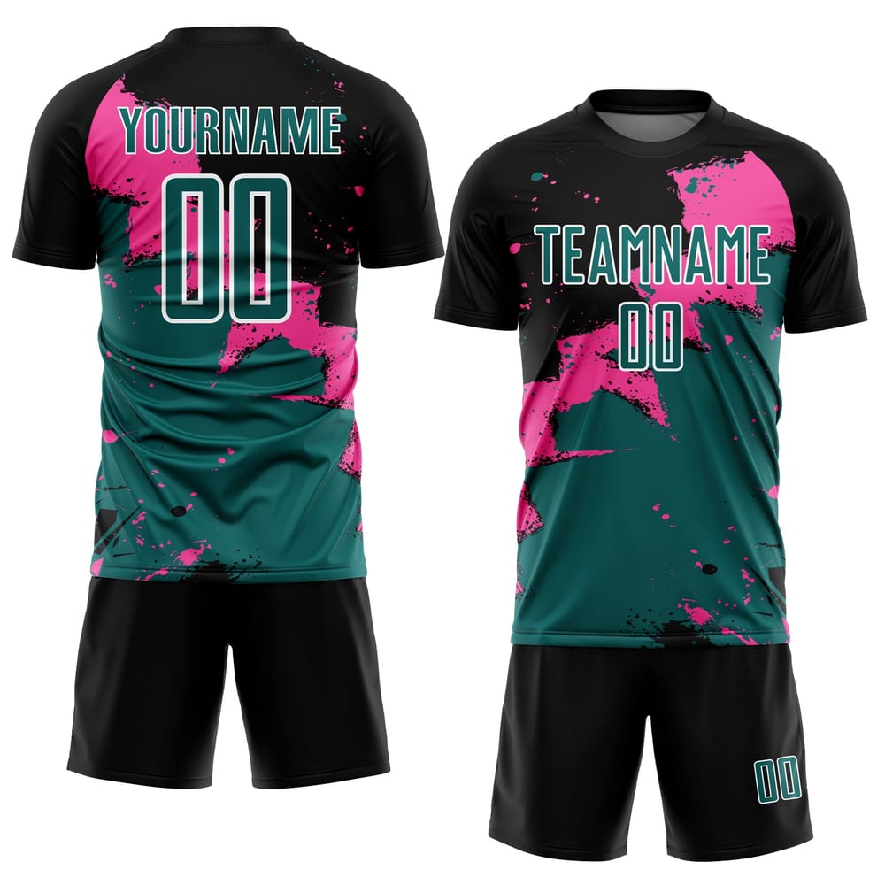 Camiseta de fútbol sublimada en verde azulado y rosa, uniforme personalizado negro