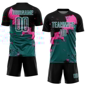 Camiseta de fútbol sublimada en verde azulado y rosa, uniforme personalizado negro