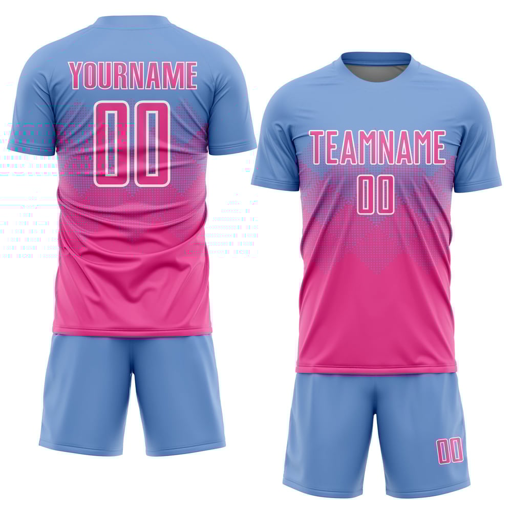 Custom Jersey Soccer Uniform Blue Light Sublimation Pink-White