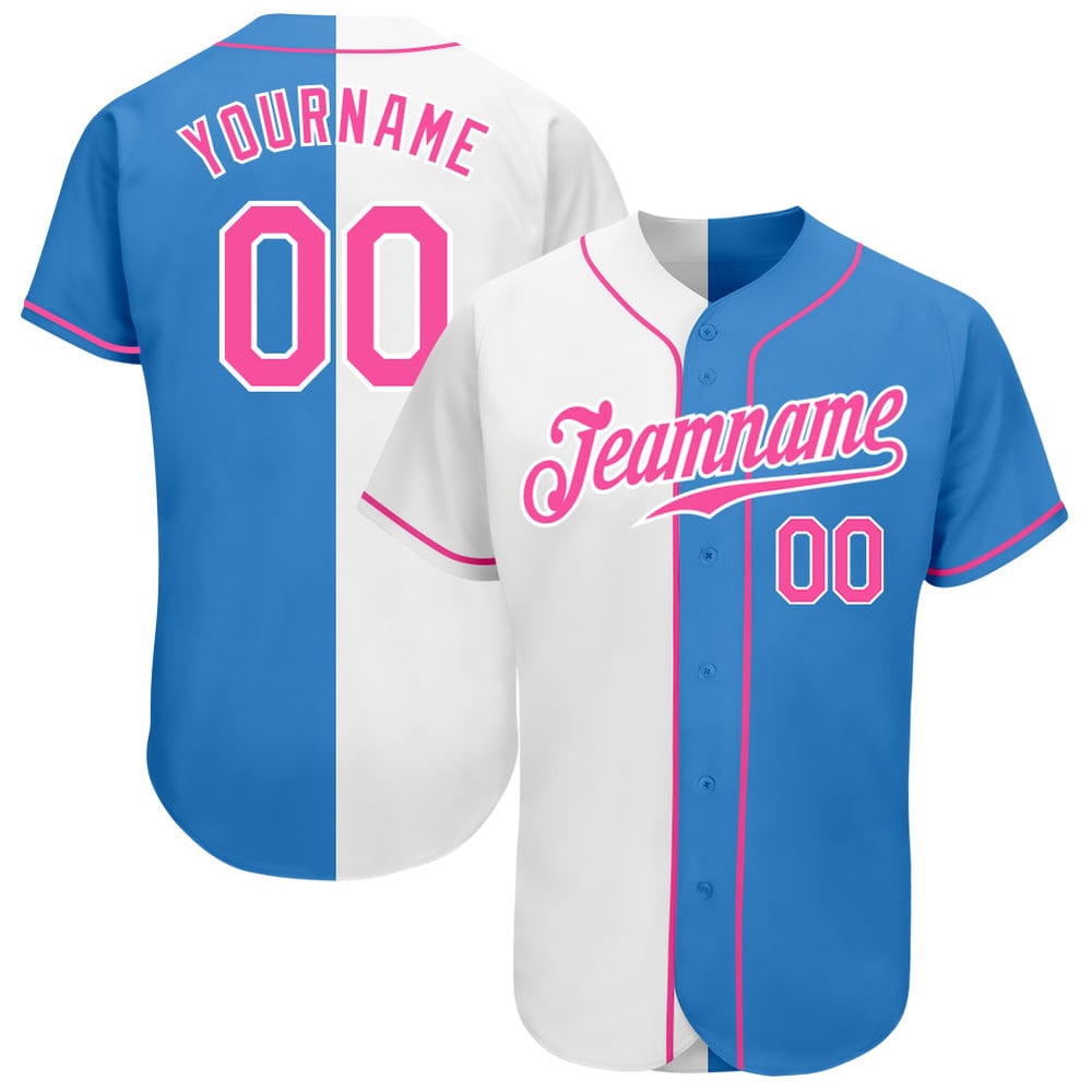 Camiseta de béisbol personalizada auténtica con estampado rosa y blanco, color azul polvo.