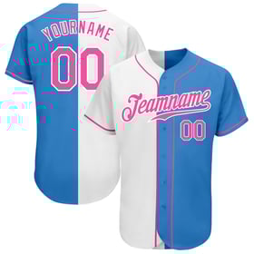 Camiseta de béisbol personalizada auténtica con estampado rosa y blanco, color azul polvo.
