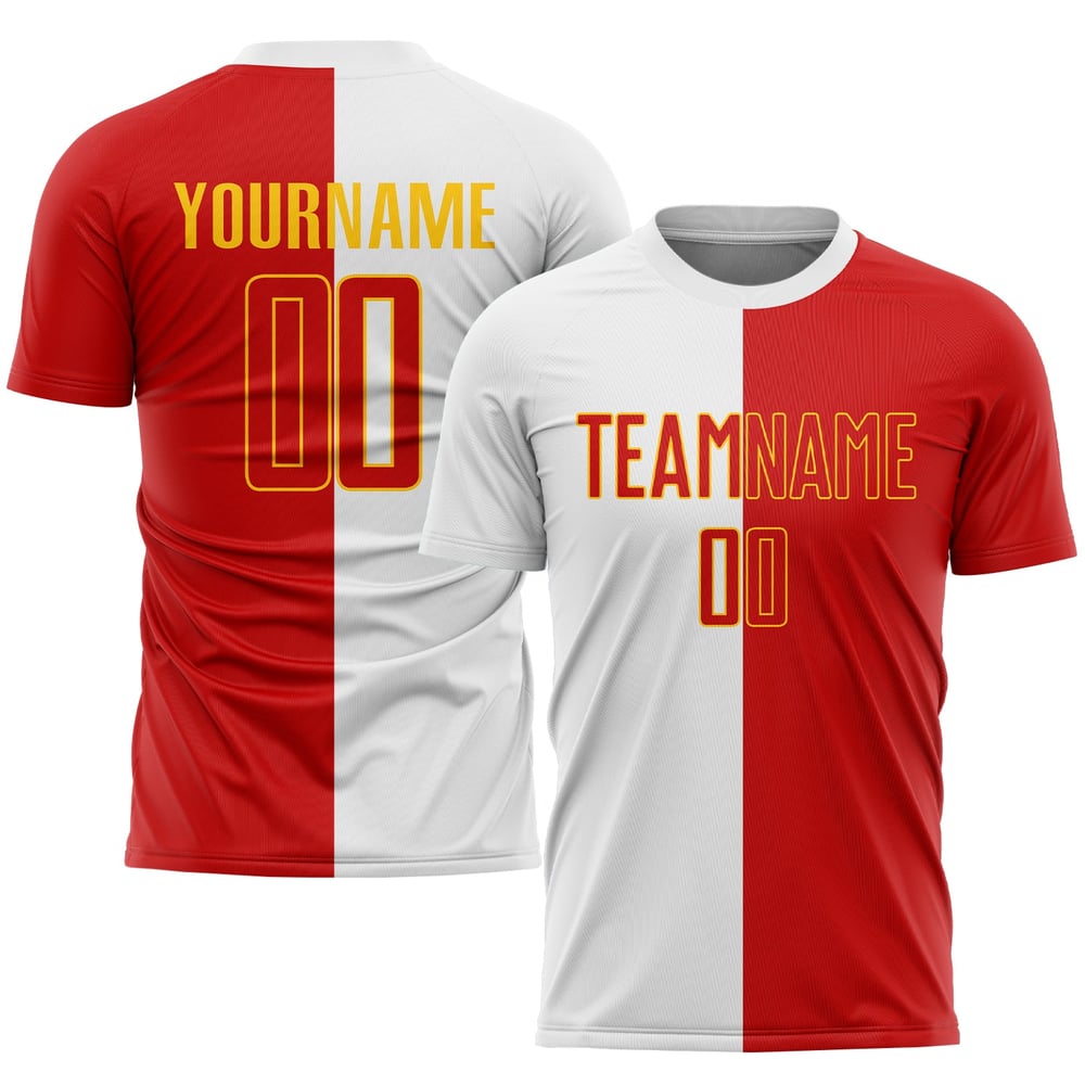 Camiseta de fútbol personalizada de sublimación, color rojo y dorado, con división en blanco