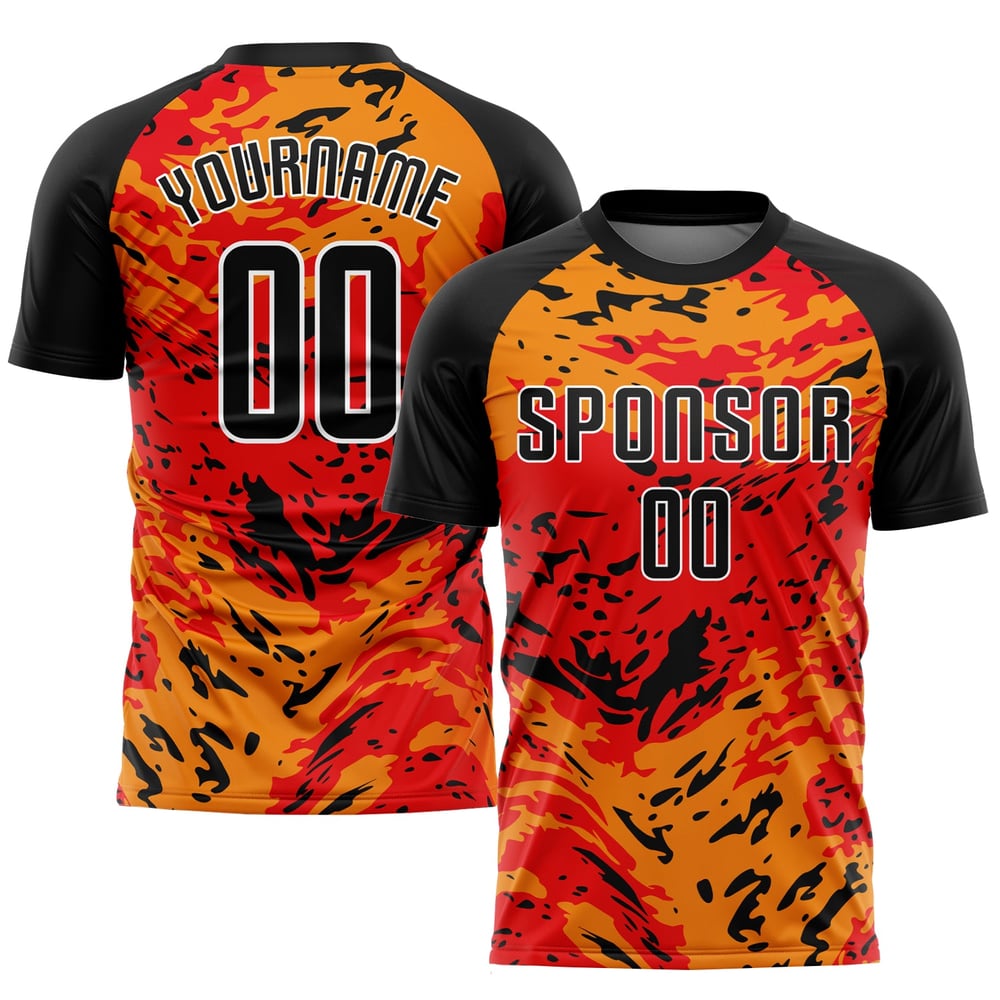 Maillot de football personnalisé à sublimation rouge, noir et or