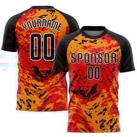Maillot de football personnalisé à sublimation rouge, noir et or