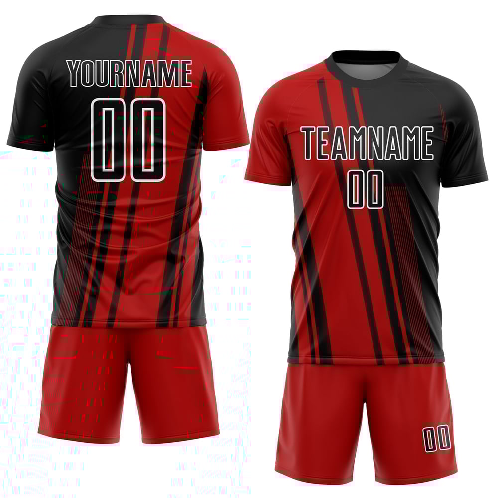 Camiseta roja, negra y blanca, líneas de uniformes de fútbol personalizados por sublimación