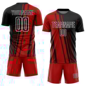 Camiseta roja, negra y blanca, líneas de uniformes de fútbol personalizados por sublimación