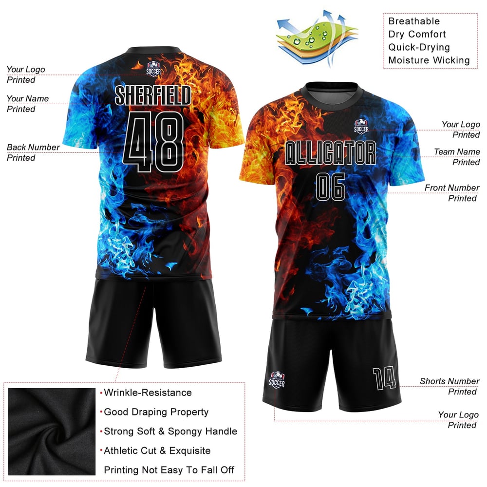 Sublimation Custom Figure Uniform Black-White Soccer Jersey Flame