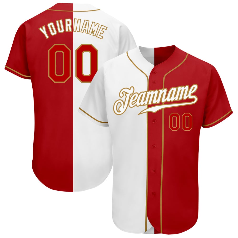 Camiseta de béisbol personalizada antigua, dorada, roja y blanca, auténtica y dividida.