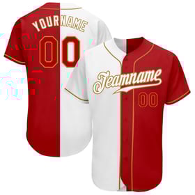 Camiseta de béisbol personalizada antigua, dorada, roja y blanca, auténtica y dividida.