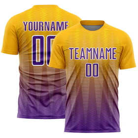 Camiseta de fútbol personalizada con degradado de línea, sublimación en morado y blanco, color dorado