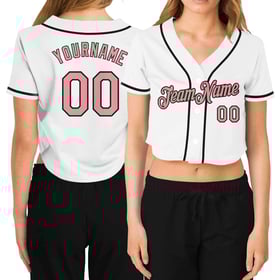 Camiseta de béisbol blanca mediana con cuello en V recortada, rosa y negra, personalizada para mujer