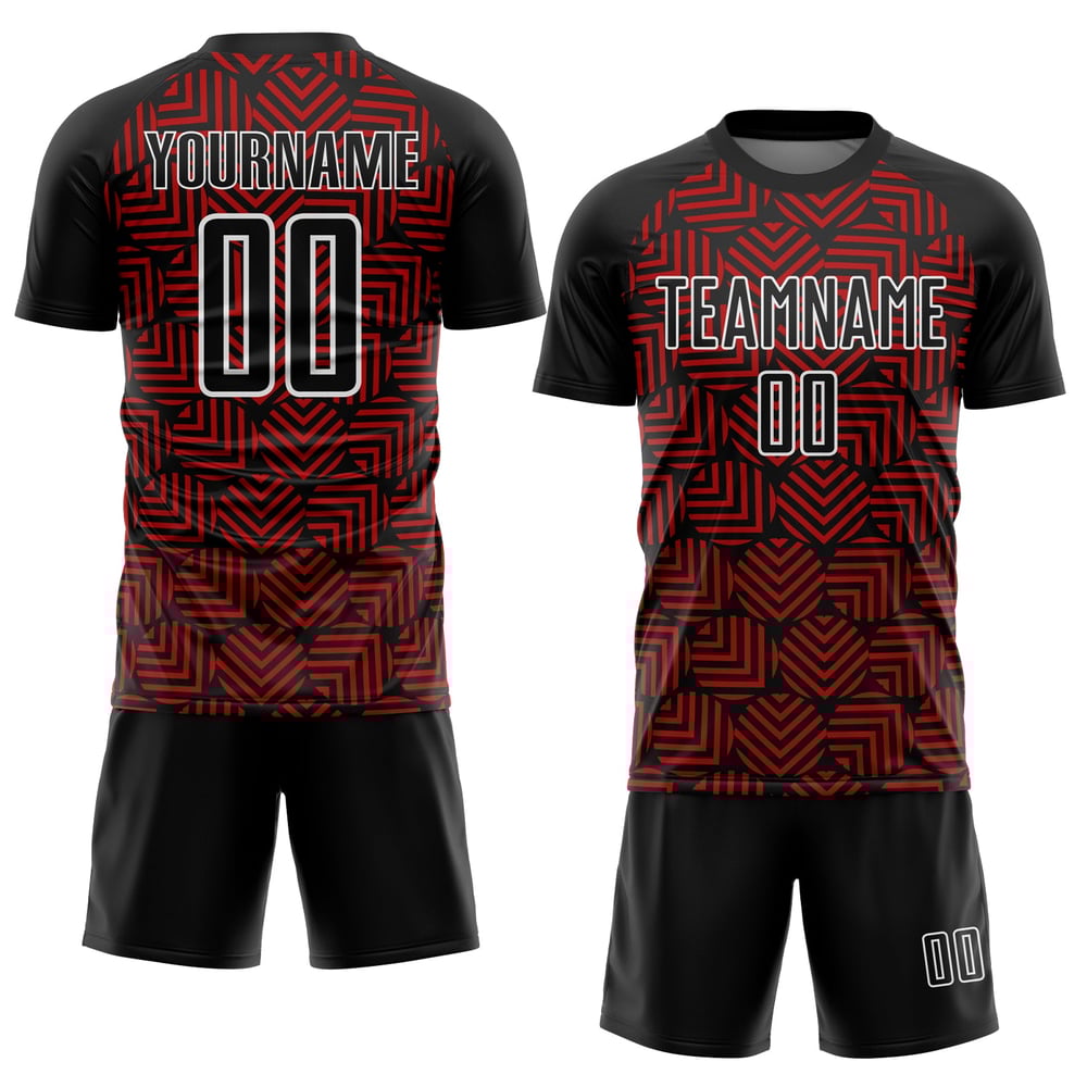 Camiseta de fútbol con sublimación de formas geométricas abstractas, color rojo y blanco, personalizada, color negro