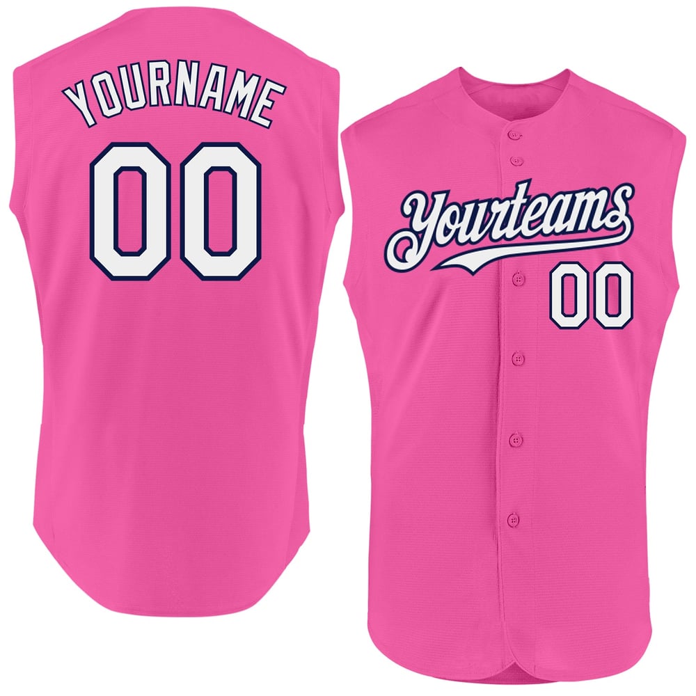 Sleeveless Pink Baseball Custom Jersey White-Navy Authentic