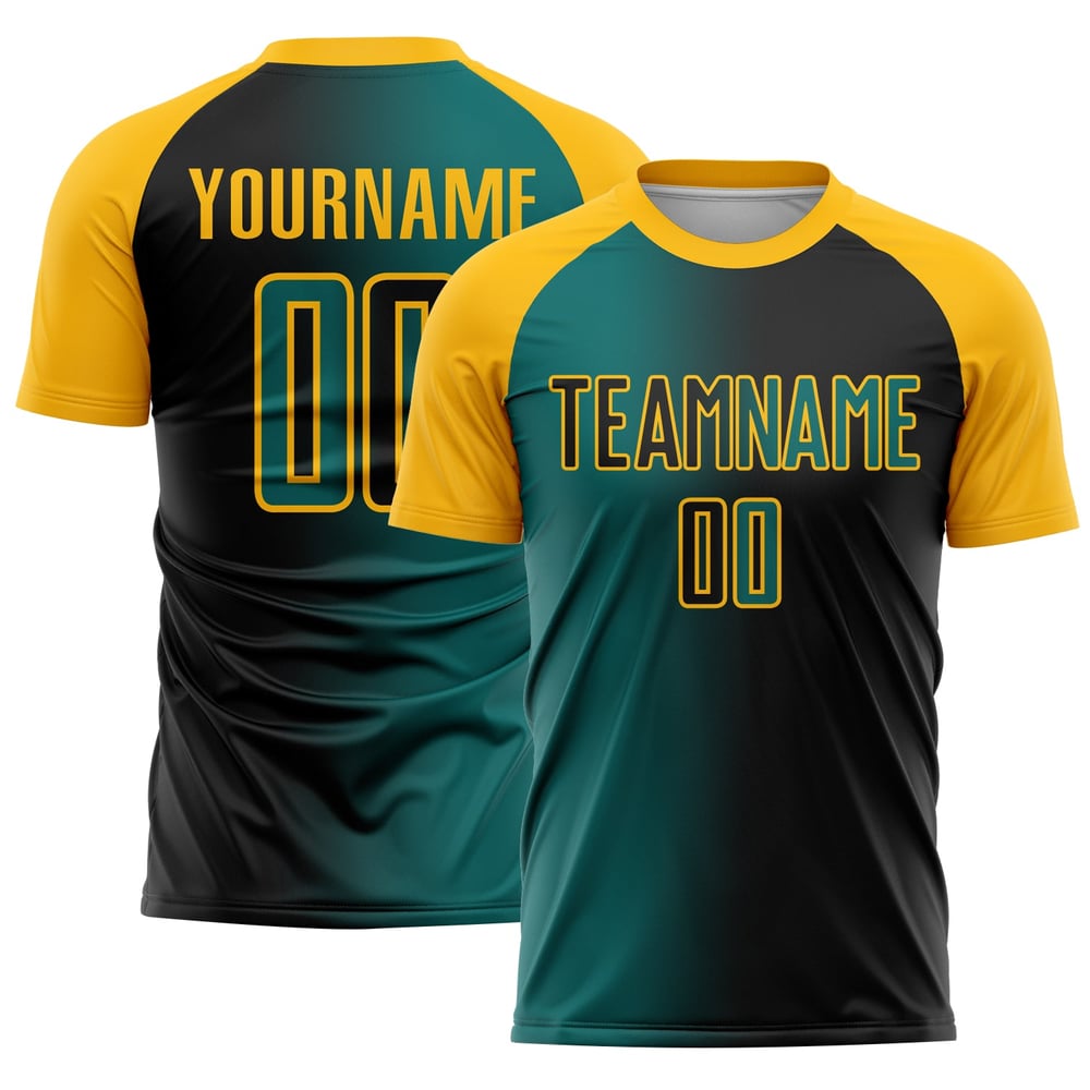 Fußball Sublimation Schwarz Gradienten Uniform Mode Jersey Teal-Gold Custom