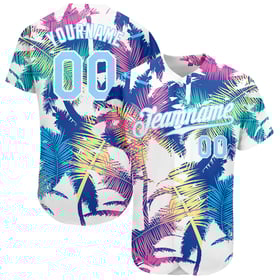 Maglia da baseball Hawaii bianca personalizzata, blu, autentica, con motivo leggero 3D e palme