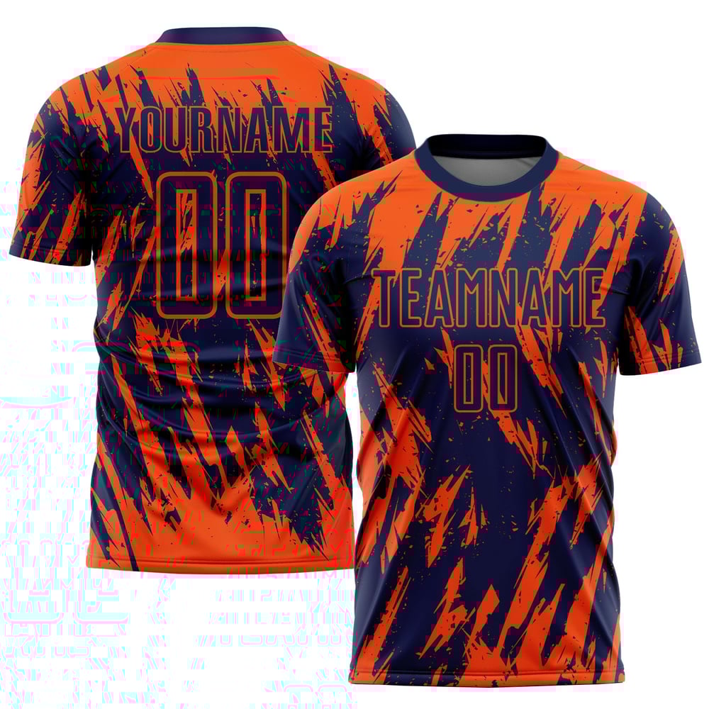 Maillot de football personnalisé orange bleu marine par sublimation