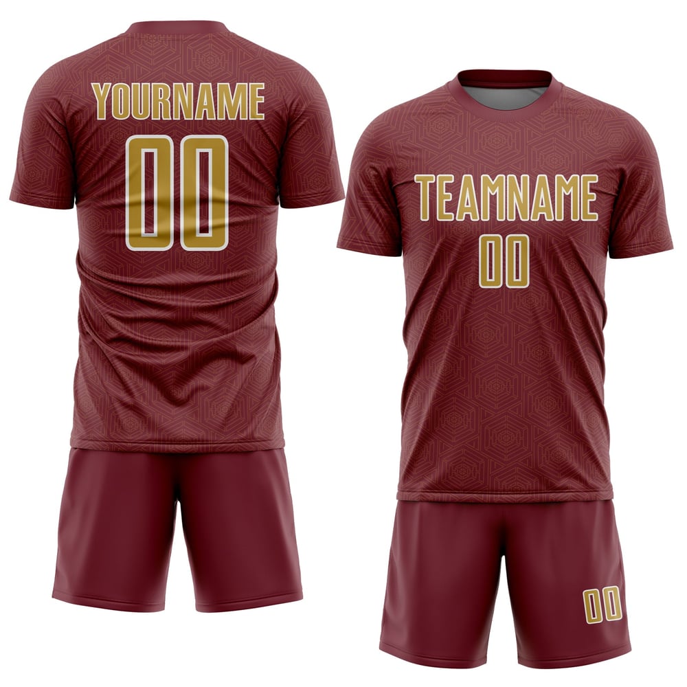 Maglia da calcio con motivo geometrico vintage, stampata a sublimazione, bordeaux, oro e bianco