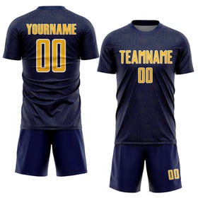 Maglia da calcio personalizzata con stampa a sublimazione geometrica blu navy e oro-bianca