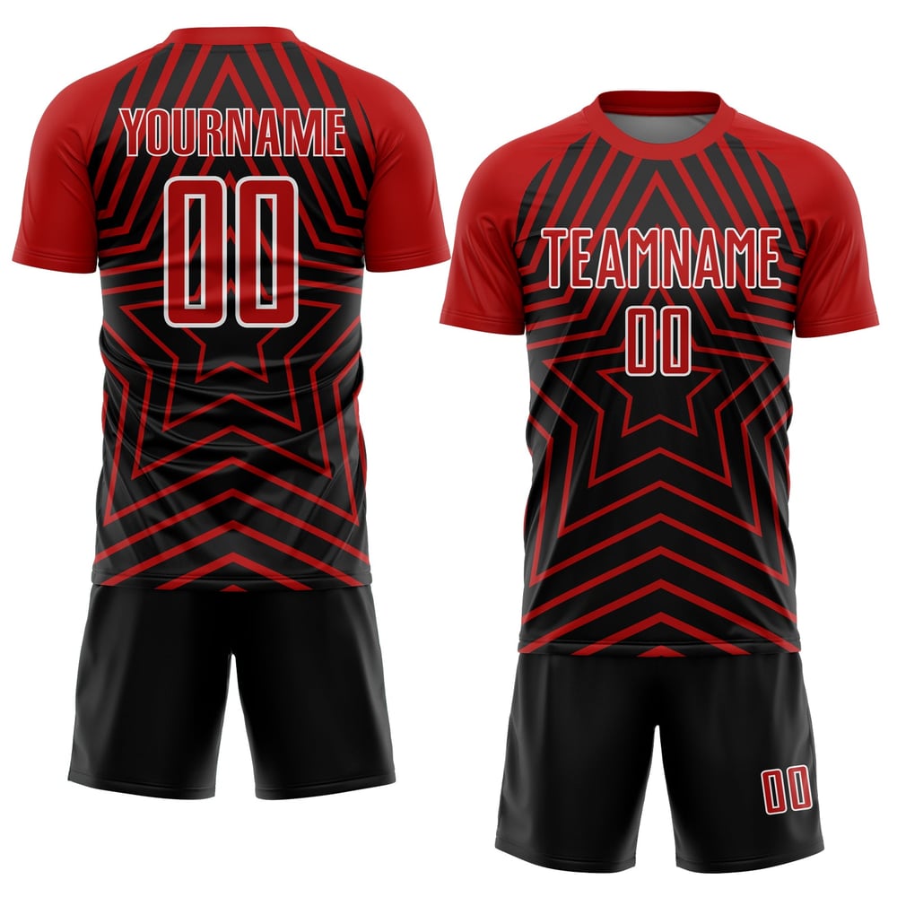 Camiseta de fútbol personalizada con estrellas de sublimación rojo-blanco, uniforme negro