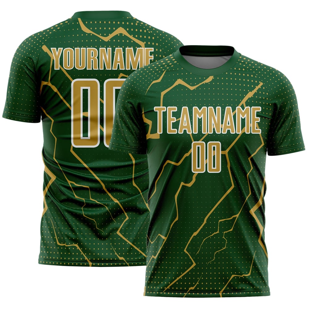 Maglia da calcio verde fulmine personalizzata con stampa a sublimazione, vecchia uniforme, oro-bianco