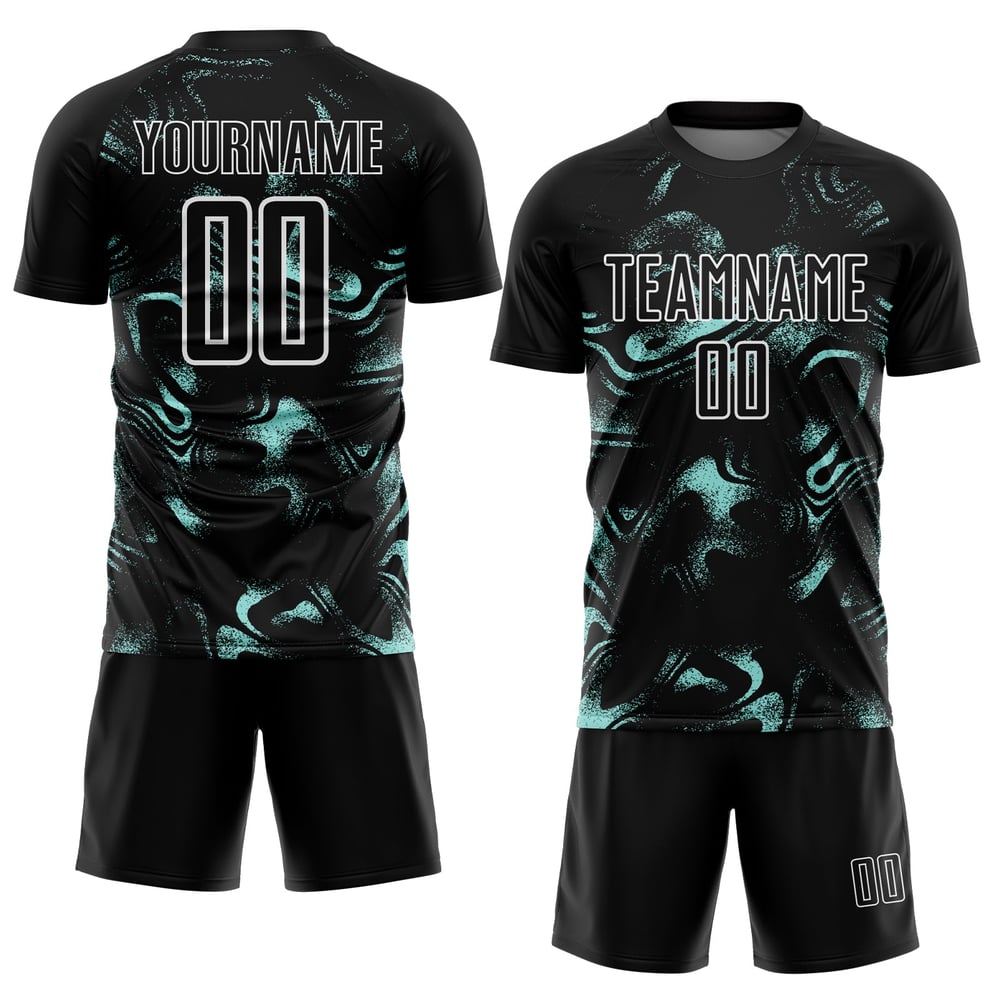 Benutzerdefinierte abstrakte Uniform Fußball Sublimation Liquid Ice Schwarz Trikot Blau-Weiß