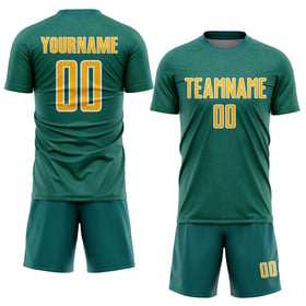 Maglia da calcio personalizzata con stampa a sublimazione geometrica verde acqua e oro, forma sportiva