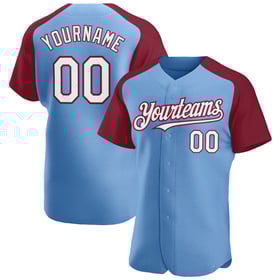 White-Crimson Authentic Raglan Jersey Custom Blue Light Baseball Sleeves