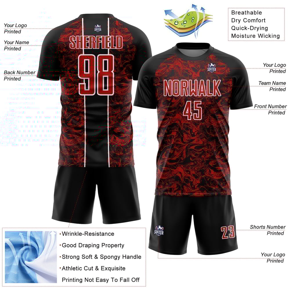 Sublimation Black Fluid Custom Red-White Abstract Soccer Uniform Jersey