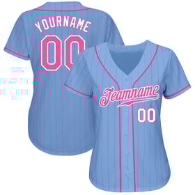 Maglia da baseball autentica blu a righe rosa chiaro personalizzata rosa-bianca
