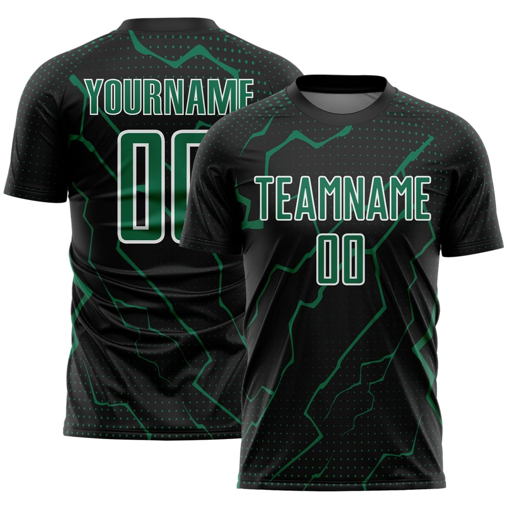 Maglia da calcio personalizzata verde-bianca Kelly Black Lightning con stampa a sublimazione