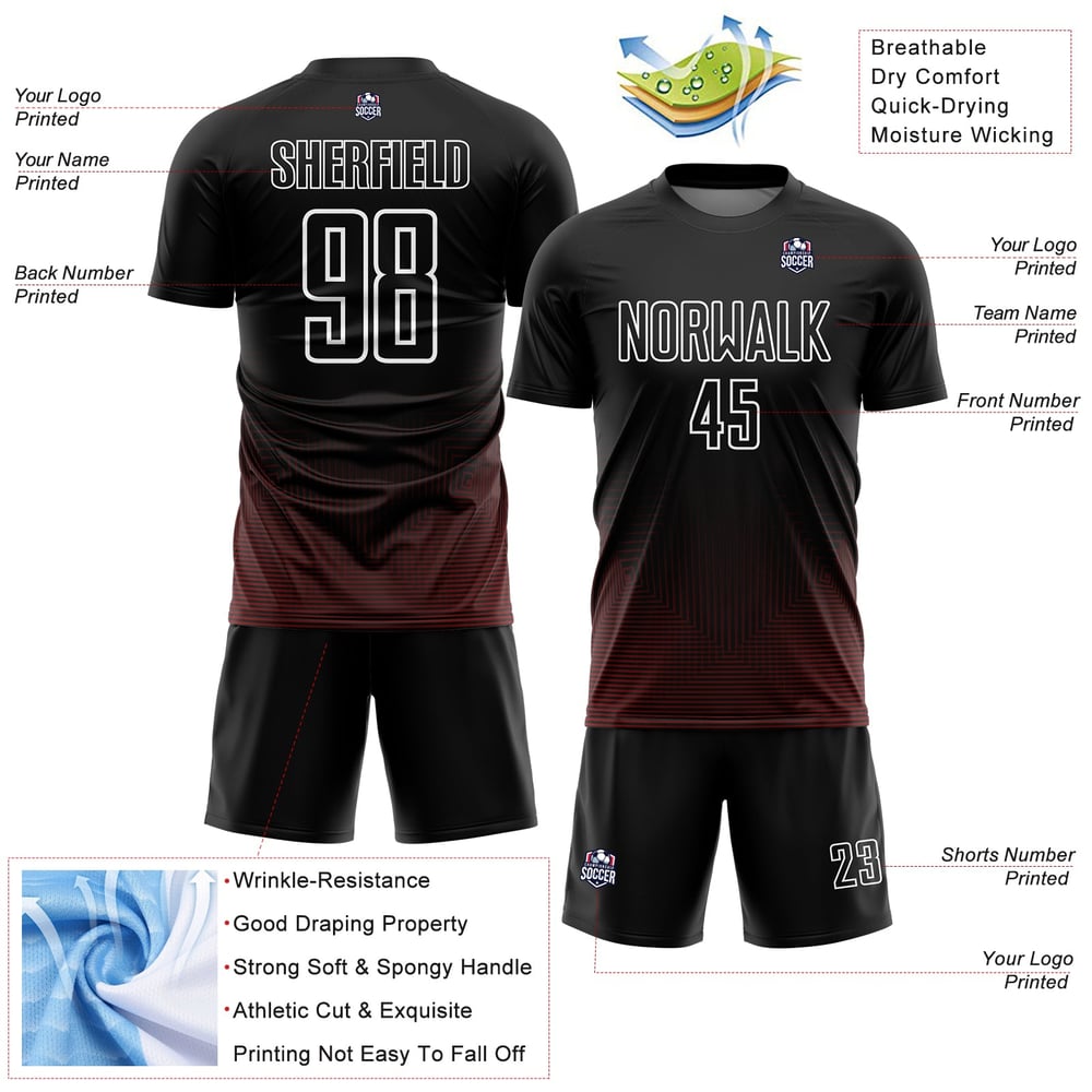 Custom Black Red-White Uniform Jersey Sublimation Soccer Lines Geometric