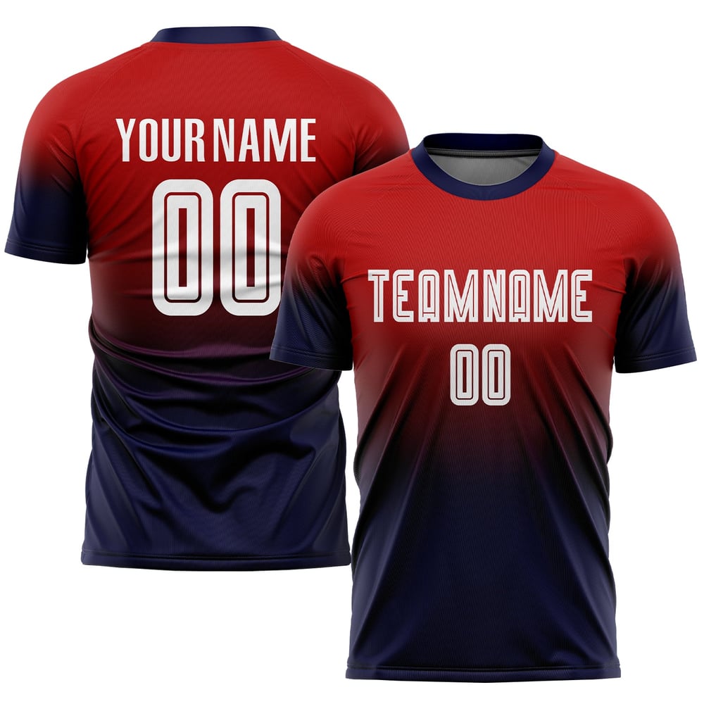 Maillot de football personnalisé rouge, blanc et bleu marine, imprimé par sublimation